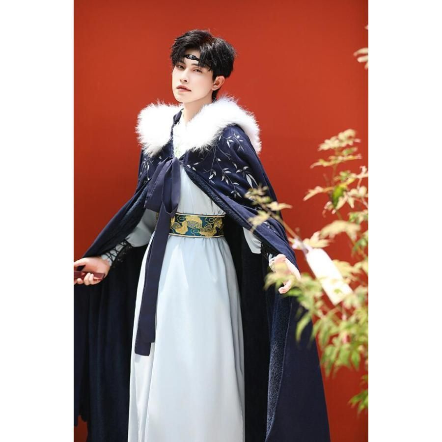 まい 美品裏起毛メンズマント漢服 ロング丈羽織 唐装 漢服 冬マント ケープ