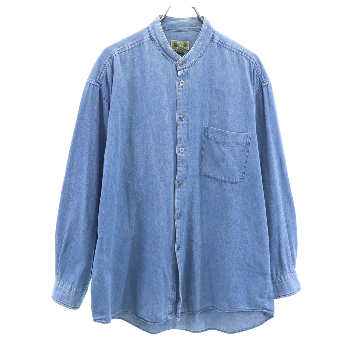 爆買い，高品質 UNIQLO ユニクロ オールド 長袖 ダンガリー バンドカラーシャツ XL ウォッシュブルー シャンブレー メンズ 古着 長袖シャツ