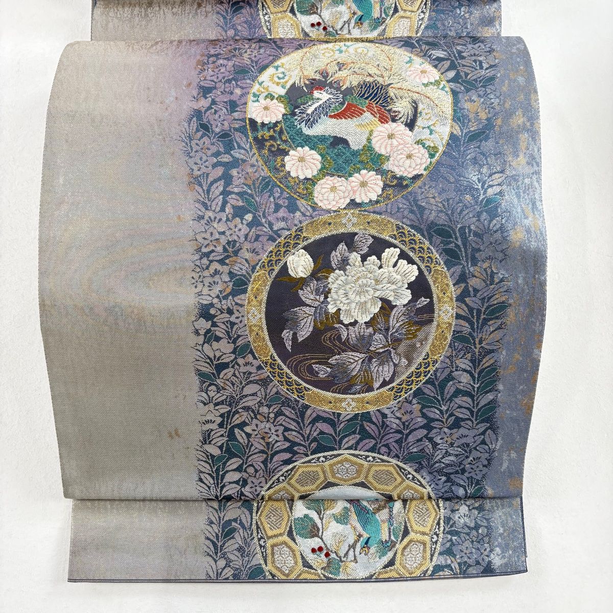 袋帯 秀品 花鳥 源氏車 金銀糸 箔 青紫 六通 正絹 【中古