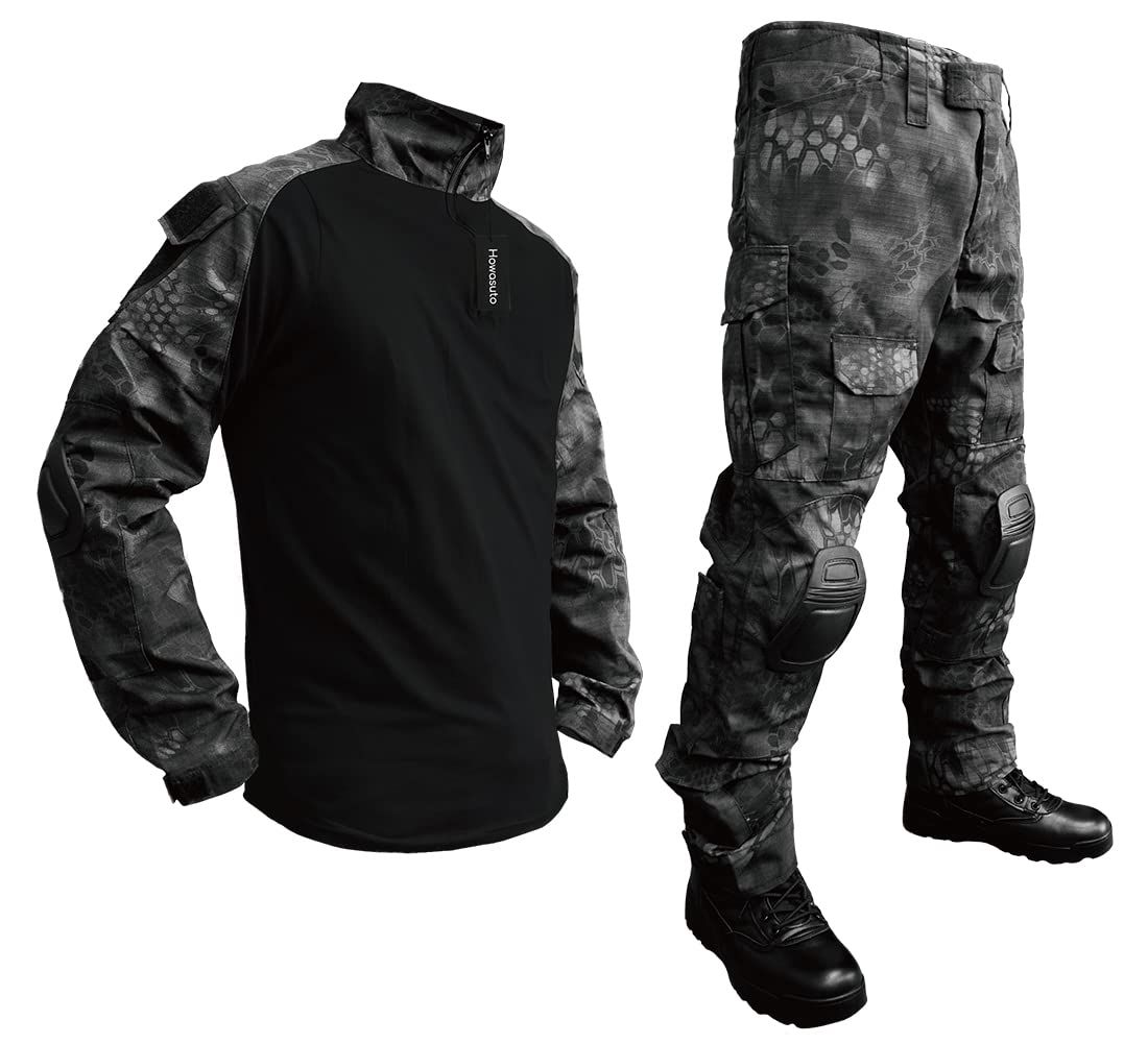 Howasuto ホワスト サバゲ― 迷彩服 上下セットエルボーパッド ニーパッド付き 戦闘服 長袖 服 軍服 コンバットシャツ