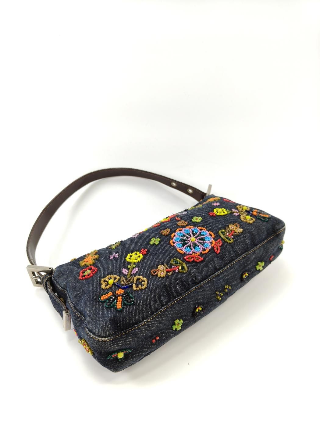 FENDI ビーズ マンマバケット ワンショルダー デニム 花柄 9661 FENDI フェンディ ビーズ刺繍 マンマバケット セミショルダー
