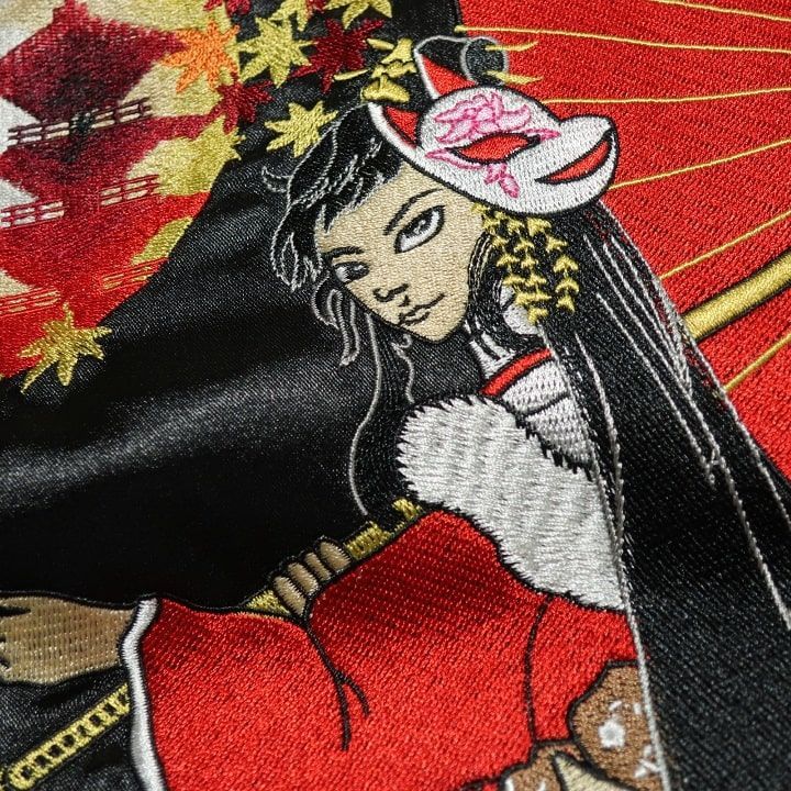 スカジャン メンズ 女ぎつね 刺繍 九尾の狐 キツネ 和柄/和風 服 薄手