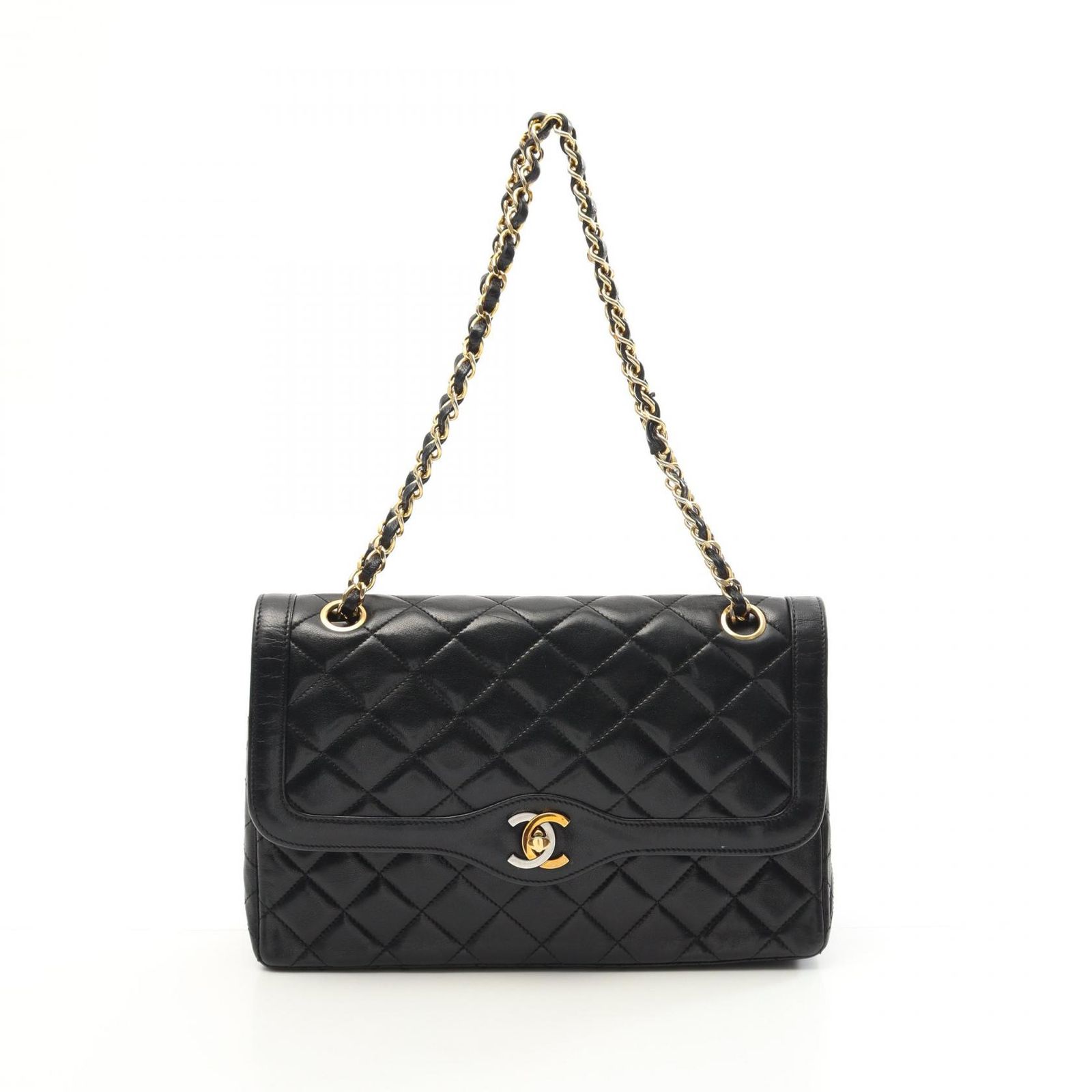 シャネル CHANEL ショルダーバッグ マトラッセ パリ Wフラップ ブラック ラムスキン 羊革 パリ マトラッセチェーンショルダー レディース Used B