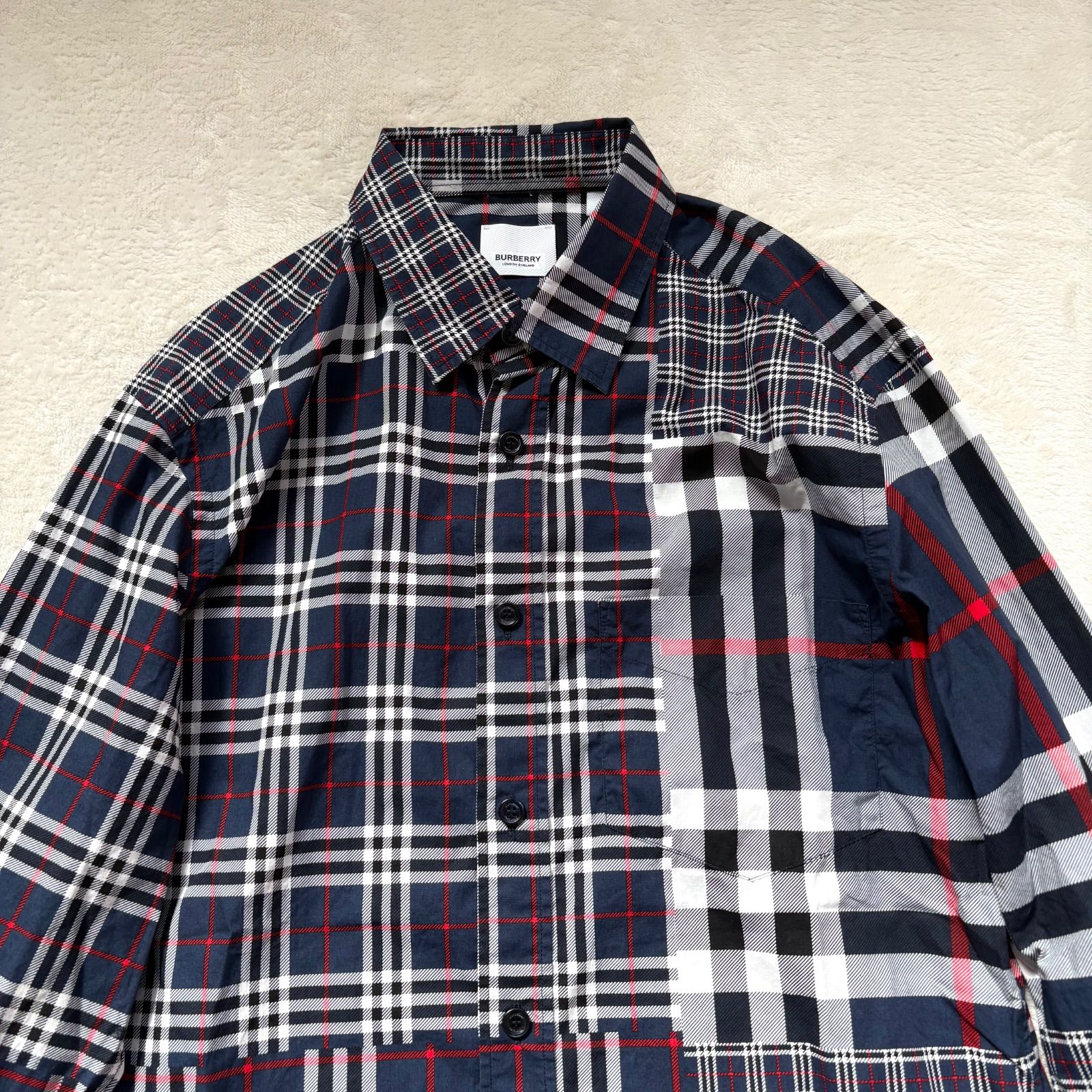 現行 BURBERRY バーバリー パッチワーク ノバチェック 長袖シャツ カットソー メンズ S