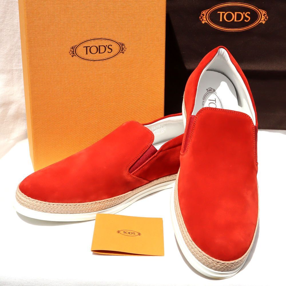 TOD'S トッズ men's メンズ スリッポン ロゴ入り スエード 赤 オレンジ ...