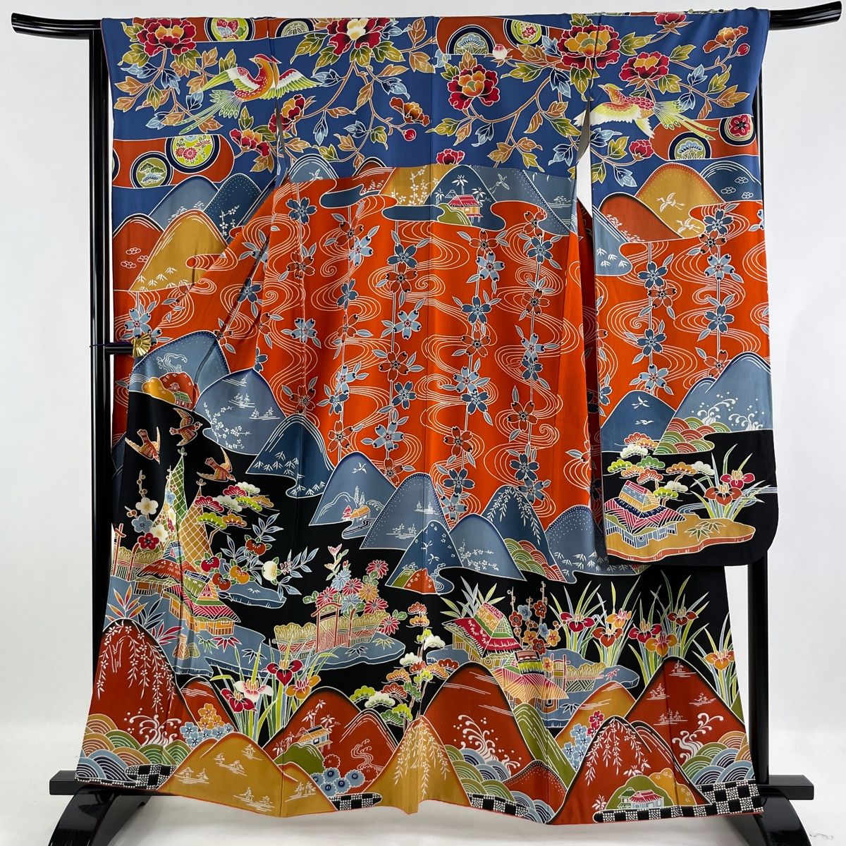 超歓迎 振袖 美品 名品 松竹梅 建物 染め分け 朱色 袷 身丈161cm 裄丈