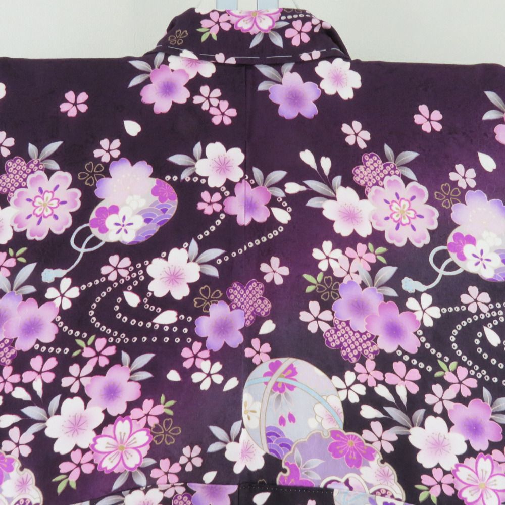 振袖 正絹 紫色xピンク色 金コマ 桜に手毬紋様 襦袢付き 袷 広衿 成人 