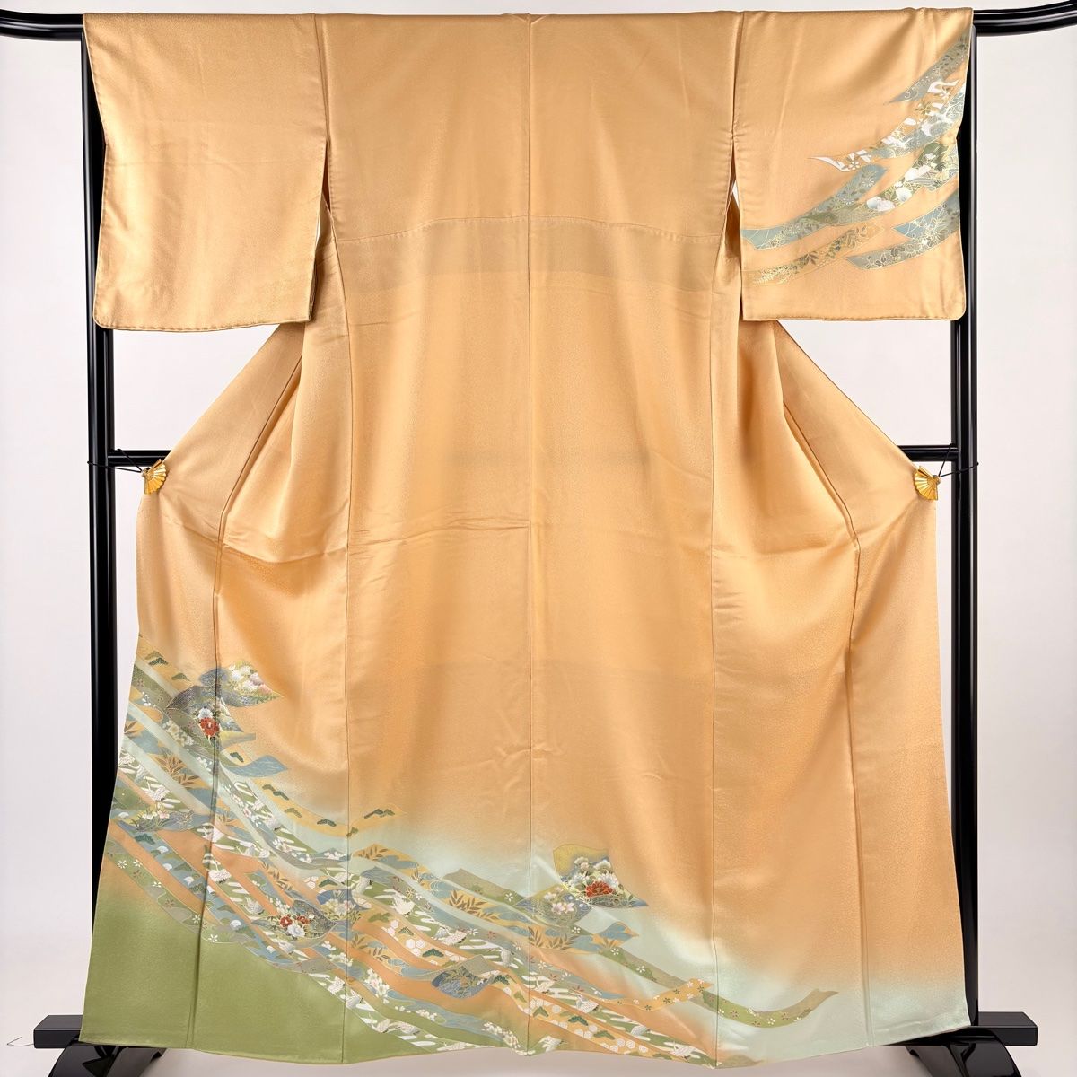 訪問着 身丈162cm 裄丈66cm M 袷 草花 鶴 金彩 染め分け 薄茶色