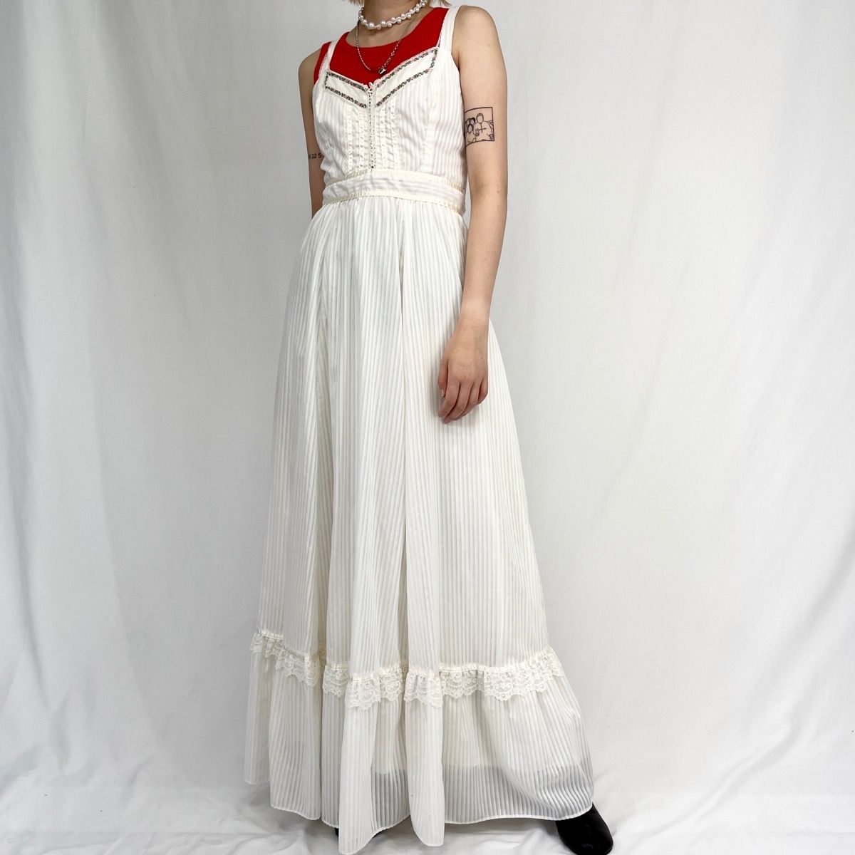 古着 70年代 ガンネサックス GUNNE SAX マキシ丈 ストライプ柄 ノースリーブ フ ワンピース レディースS ヴィンテージ|evb002307