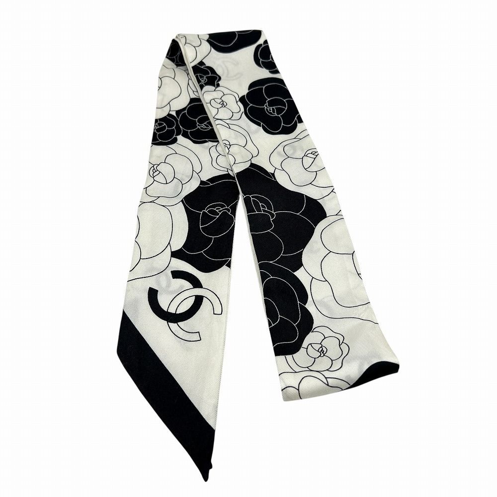 シャネル CHANEL ココマーク カメリア スカーフ シルク ブラックホワイト