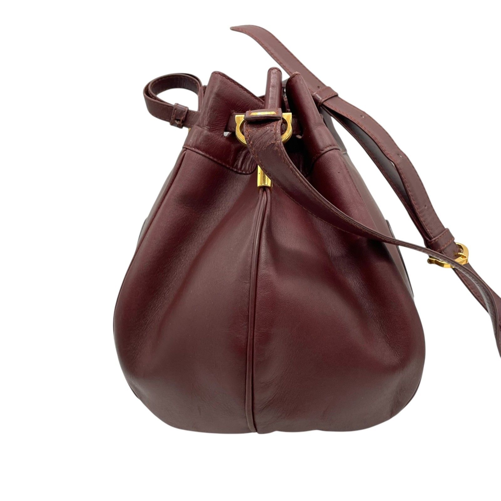 美品 カルティエ 巾着 ショルダーバッグ ボルドー 赤 レディース  