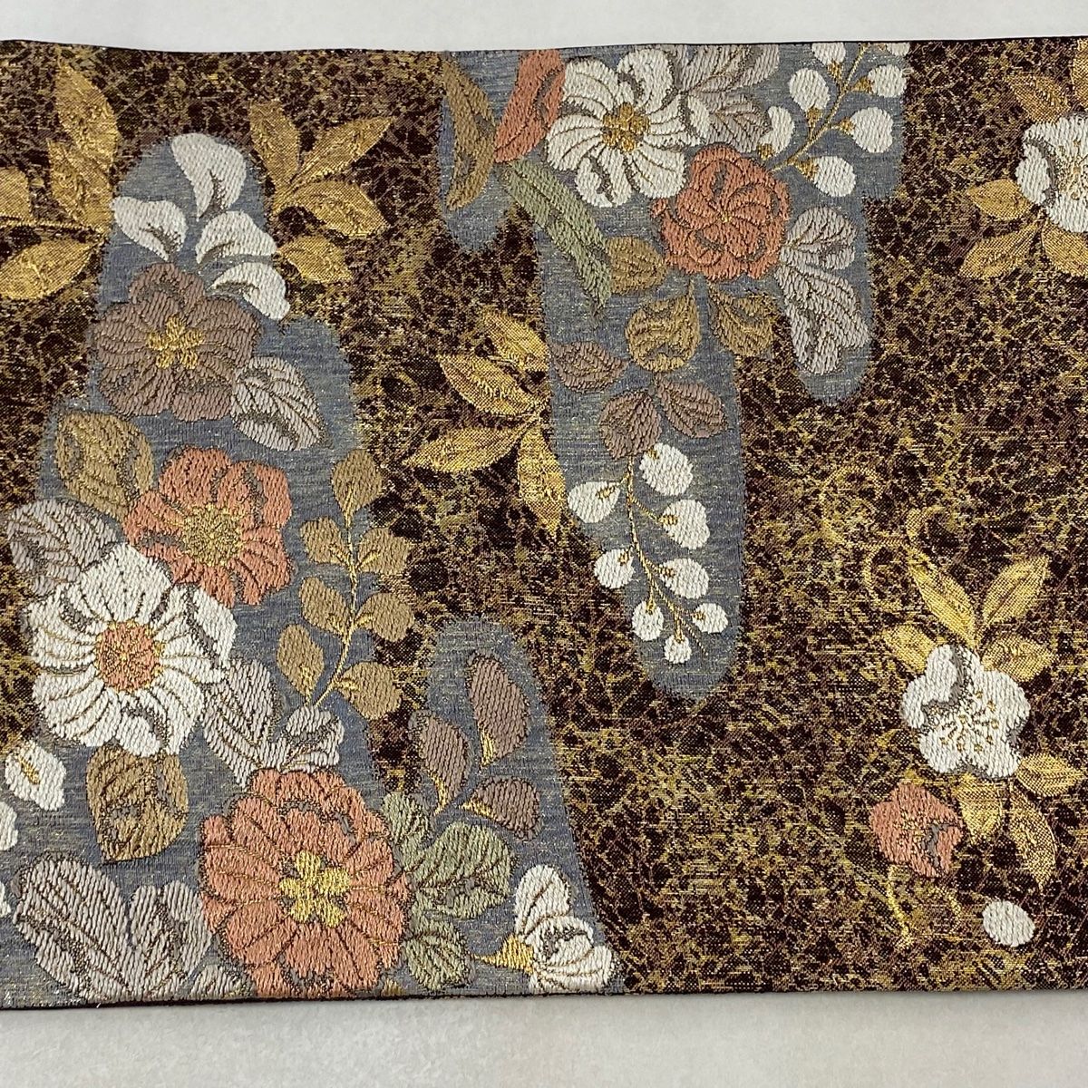 袋帯 美品 秀品 草花 霞 金糸 箔 濃紫 六通 正絹 【中古