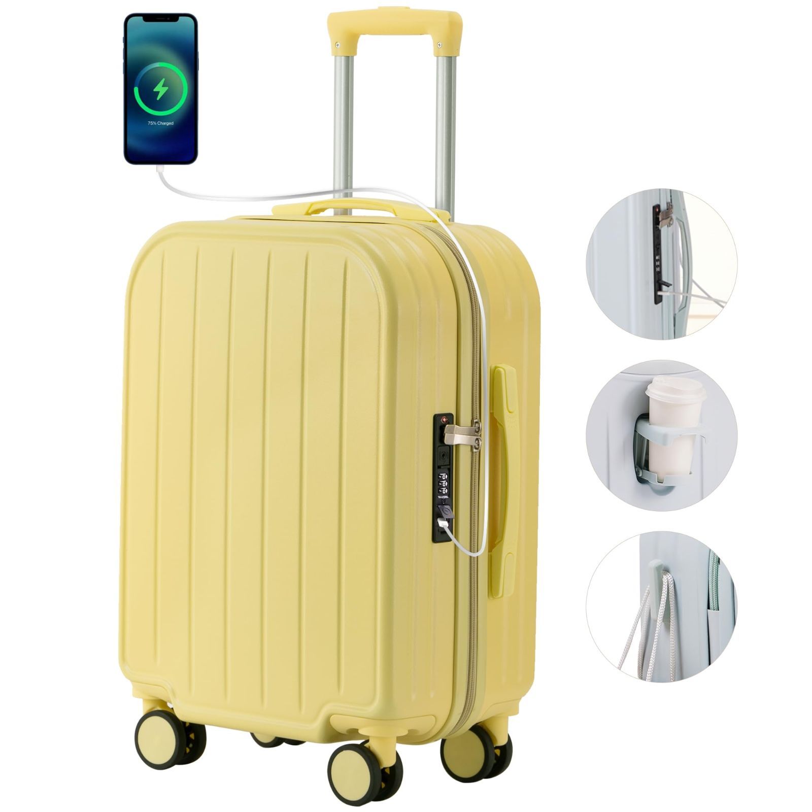 イエロー [Mularda] スーツケース 機内持ち込み 多機能 USBポート付き ...