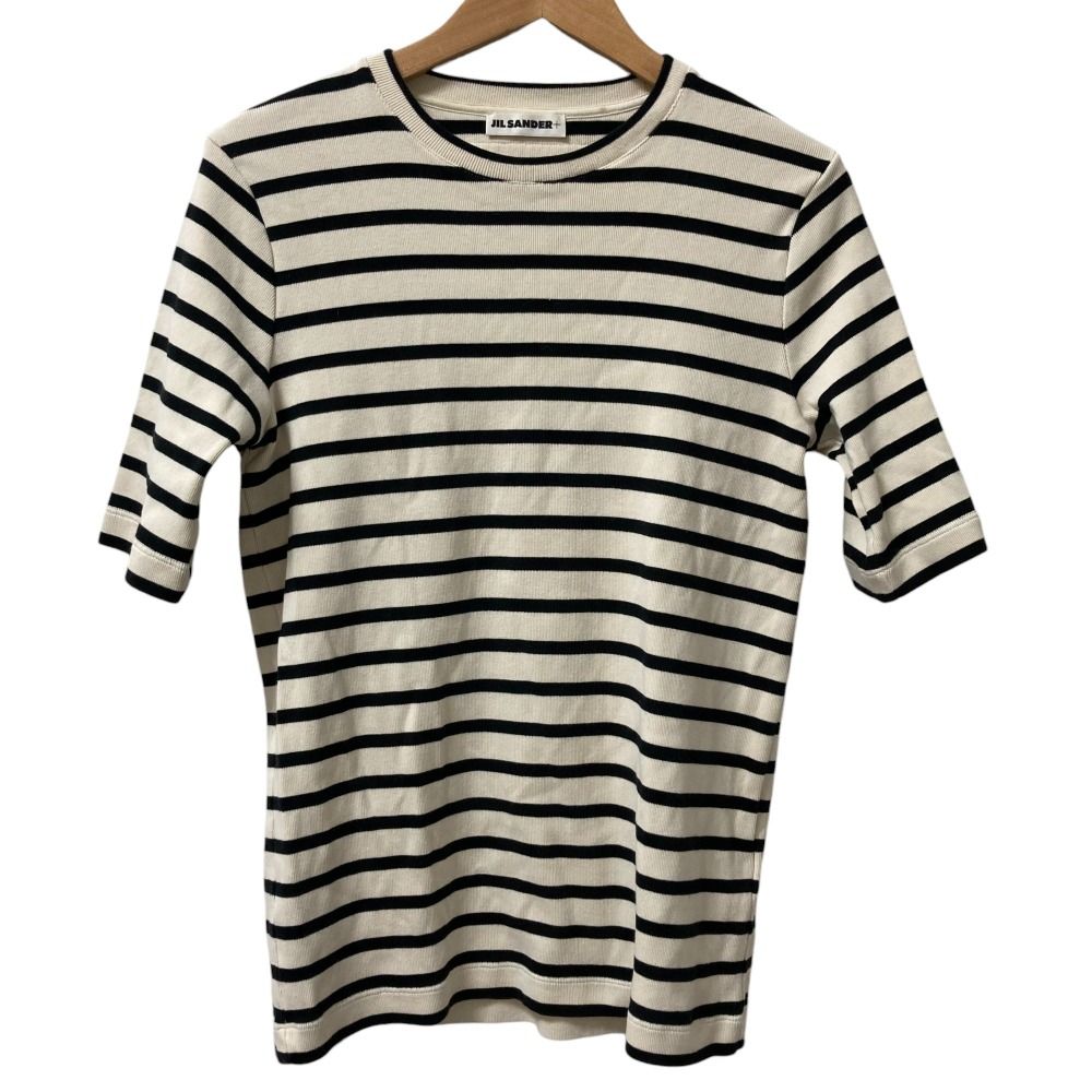 24SS JIL SANDER ジルサンダー 半袖ボーダークルーネック ブランドロゴ カットソー XL オフホワイト×ブラック レディース 古着