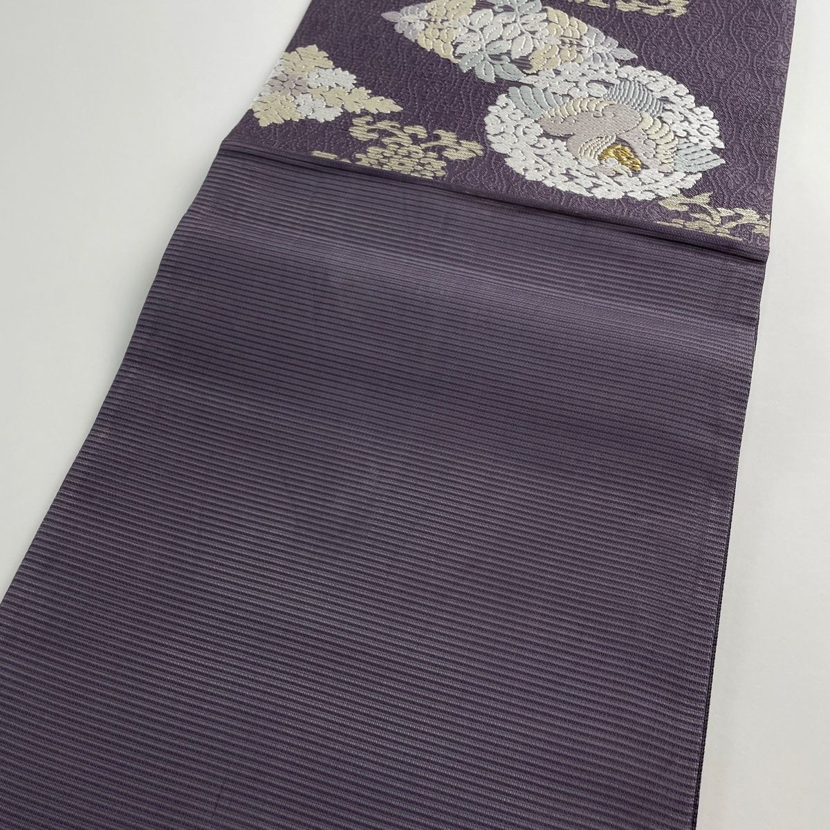 袋帯 美品 名品 しば草 花鳥 菱 唐織 金糸 灰紫 六通 正絹