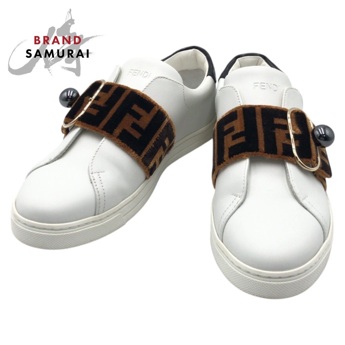 美品 FENDI フェンディ ズッカ柄 ホワイト ブラウン レザー 8E 