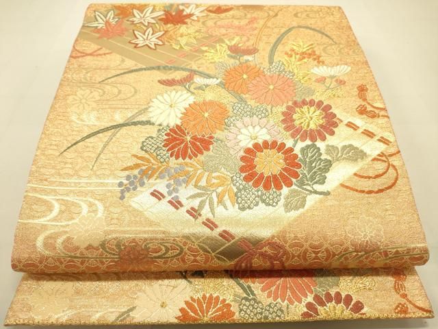 平和屋着物□六通柄袋帯 唐織 流水花筏文 金糸 正絹 逸品