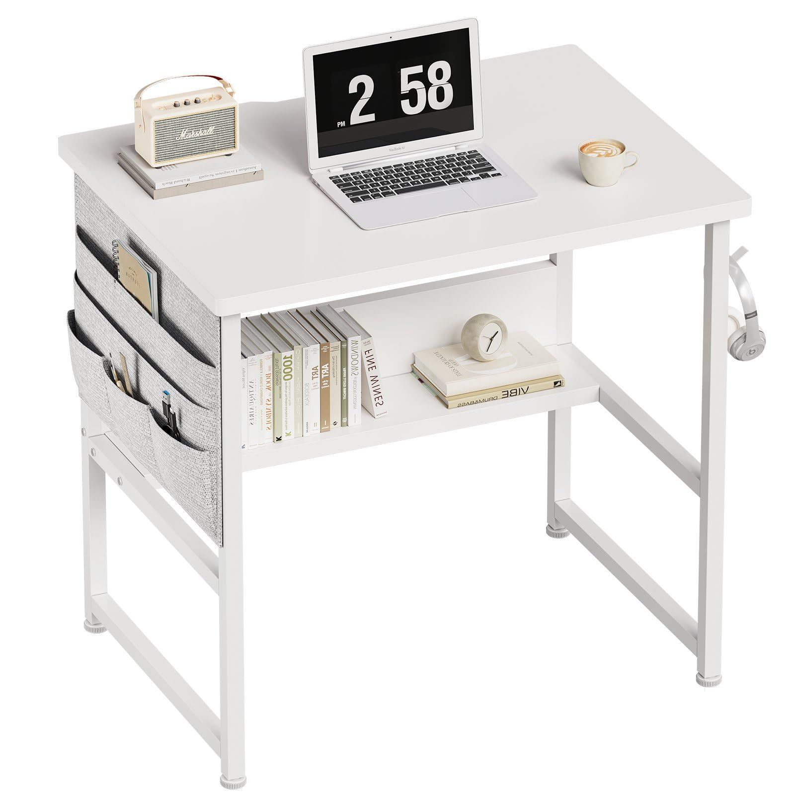 YeTom 机 pcデスク ミニ コンパクト ラック付き パソコンデスク 幅60cm×奥行45cm 収納袋付き 勉強机 下棚付き 学習デスク 学習机 省スペース 在宅ワーク 事務机 白い