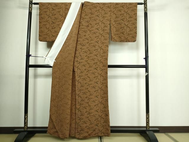 平和屋着物▽上質な小紋 単衣 笹の葉文 鬼しぼ縮緬 正絹 逸品  