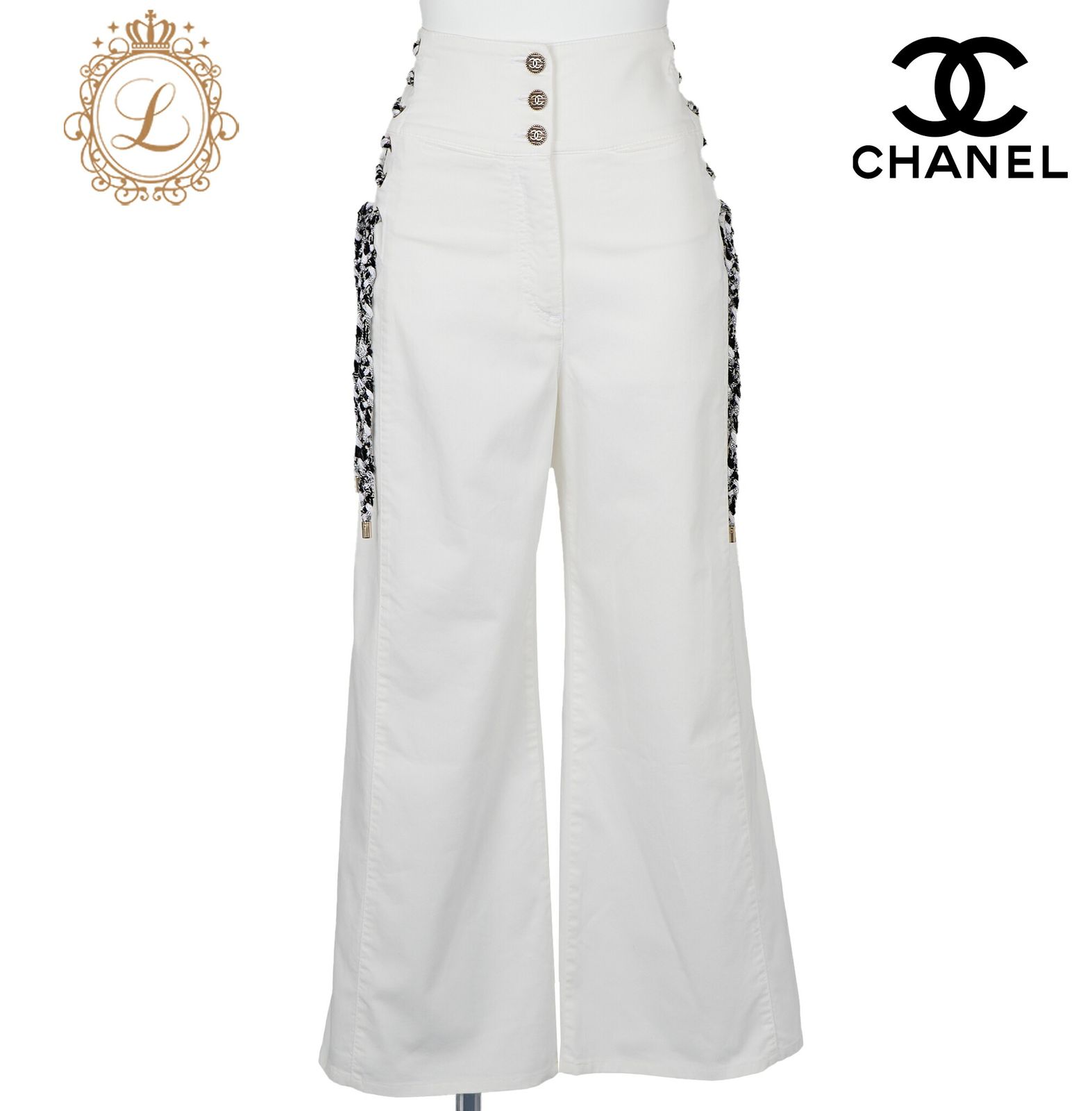 返品可】CHANEL シャネル ココボタン ワイドパンツ 34 ホワイト パンツ  