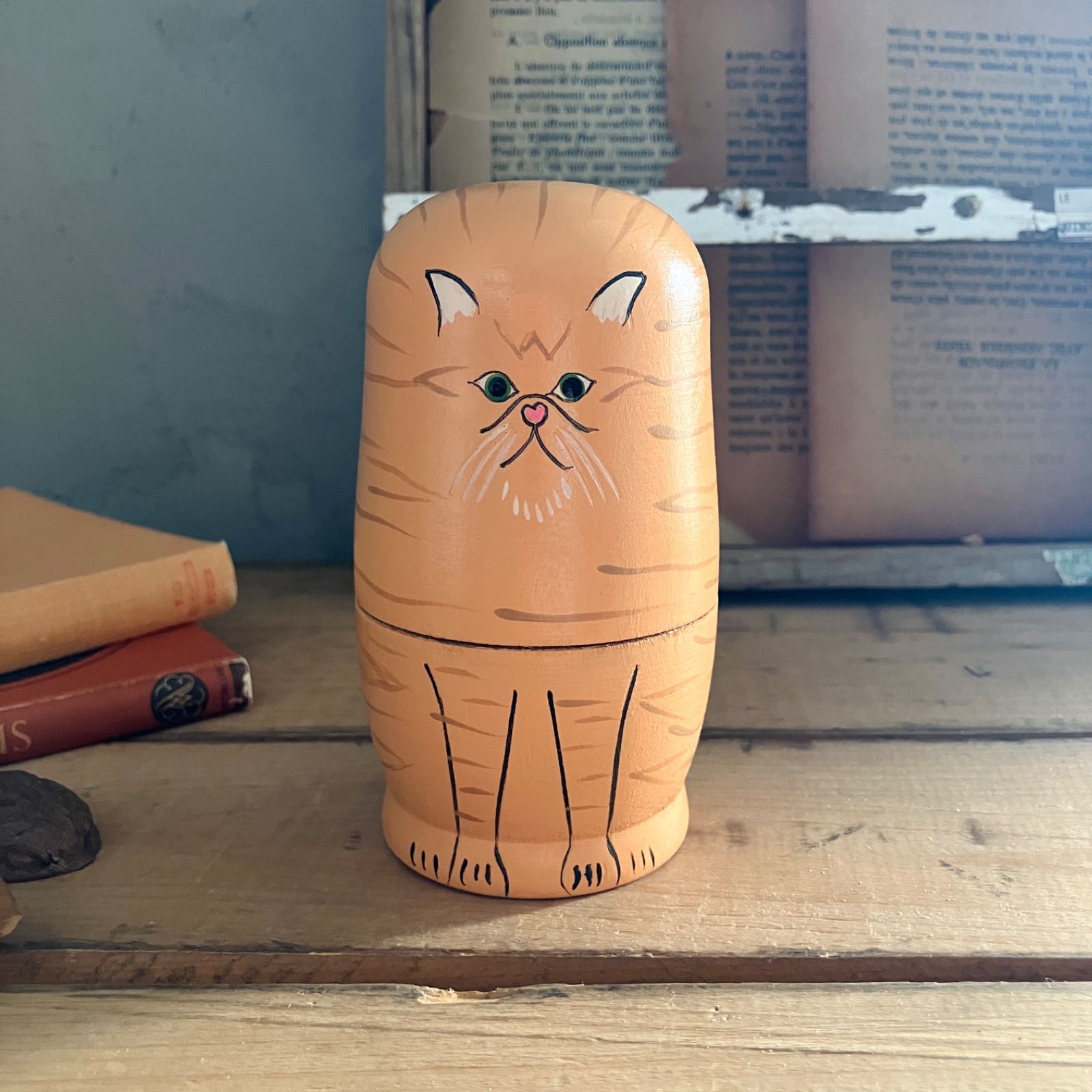 猫の木製マトリョーシカ 猫の置物 猫雑貨 アンティーク 天然木 ロシア 