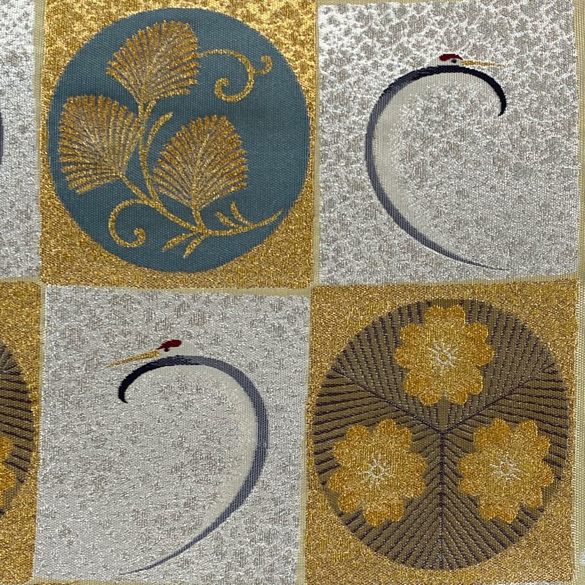 袋帯 秀品 鶴 松 金銀糸 箔 ベージュ 六通 正絹
