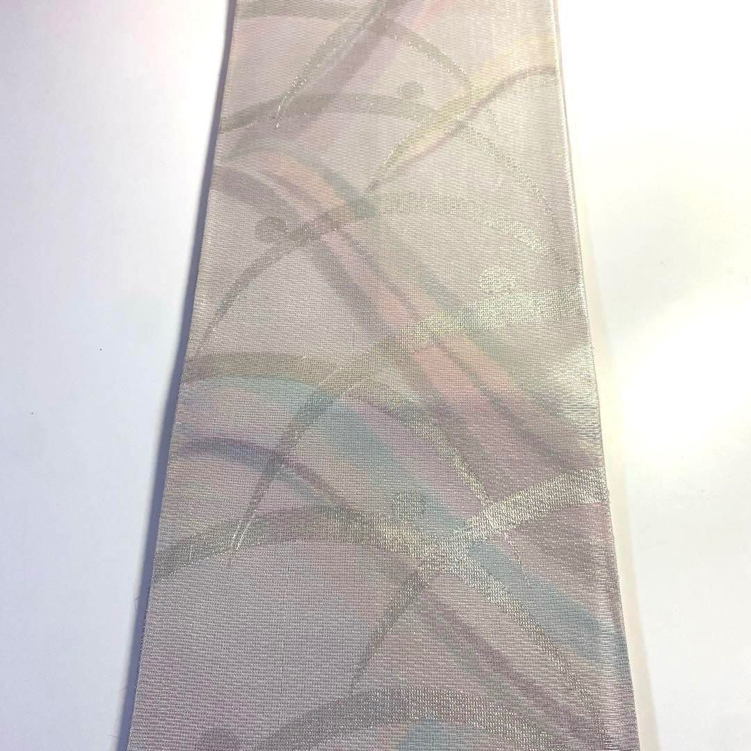 4k1020 袋帯 絹 夏帯 夏物 紗 波縞 グレー 銀色 ピンク 青 黄色 紫 
