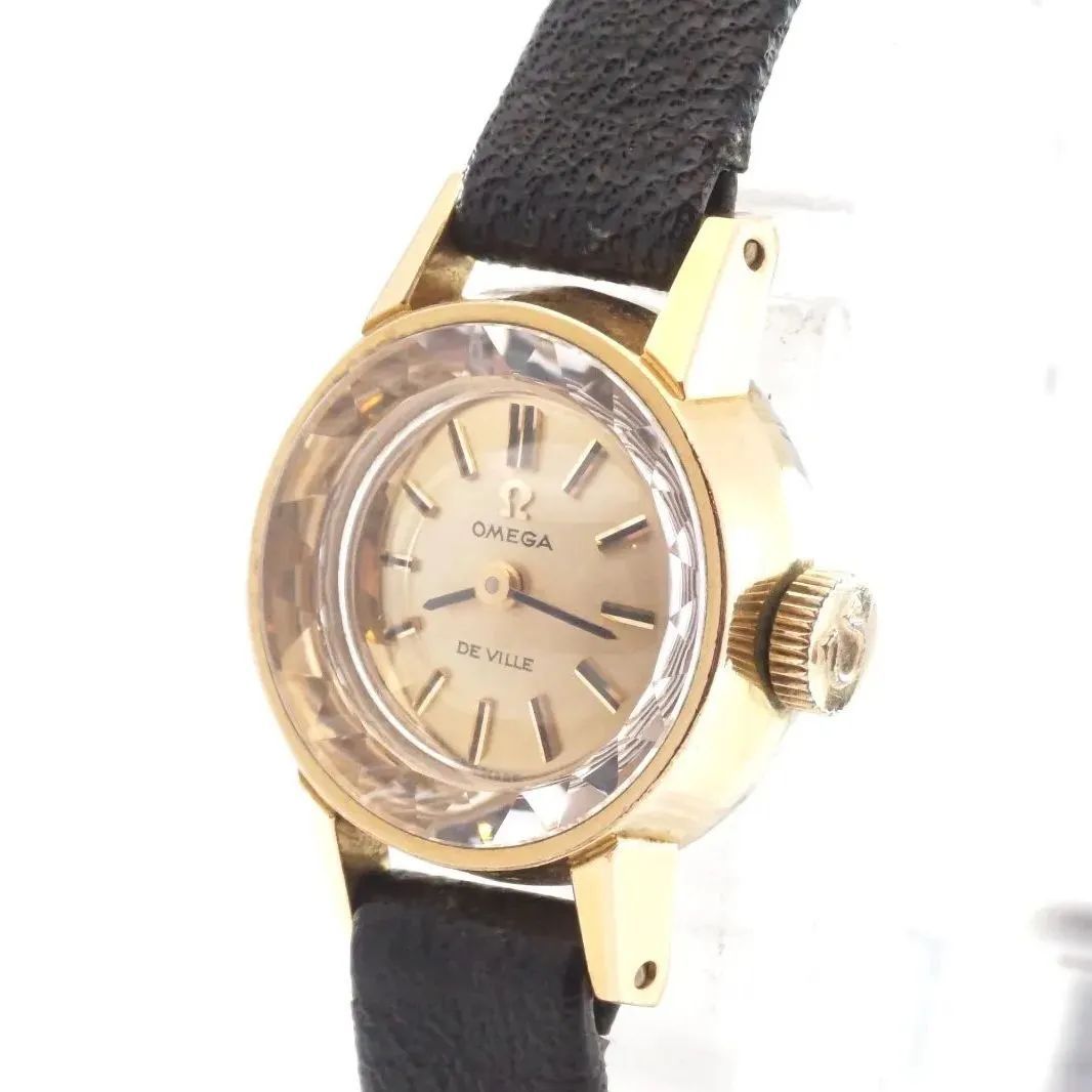 稼動品 |ヴィンテージ OMEGA オメガ デ ヴィル 手巻き カットガラス ゴールド文字盤 レディース腕時計 17mm