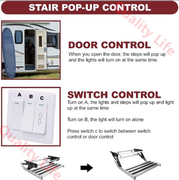 電動RVステップ 滑り止めキャンピングカー階段 LEDライト付き 折りたたみ式ドロップダウン階段 自動伸縮式ステップ 耐荷重200KG トラベルトレーラー用