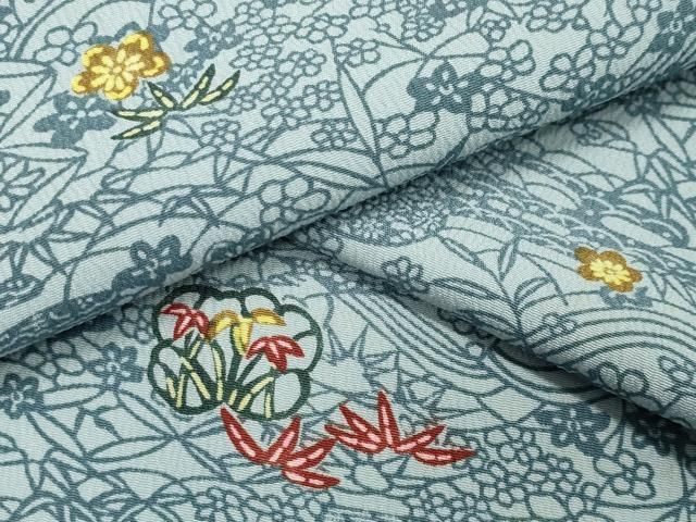 平和屋着物▽小紋 単衣 型染め エ霞梅笹文 洗える着物