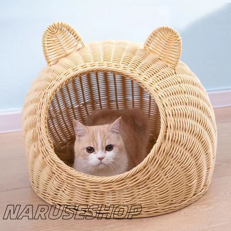 大好評 ペットハウス ペットベッド ベッドルーム 小屋 籠 手編み 持ち手付 クッション付 ドーム型 通気性良い 軽い オシャレ ペット兼用