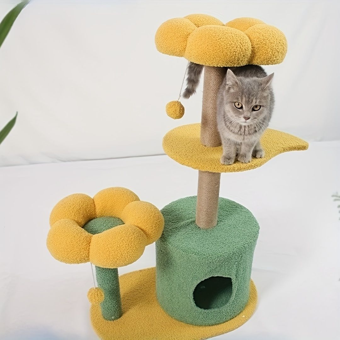 キャットタワー 木製 据え置き 組み立て簡単 かわいい 花柄 おしゃれ 休憩スペース付き 隠家 おもちゃ 高品質 キャットツリー 爪とぎ 耐久 長持ち 猫 小型猫 中型猫 大型猫 ペット用品 猫用品 ペットハウス マット クッション