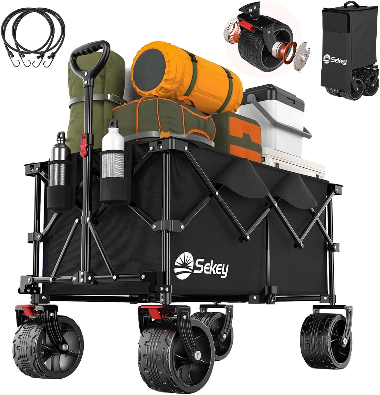Sekey 断面幅10cmの 太ノーパンクタイヤ ベアリング付き 大容量135L キャリーワゴン 高耐荷重150kg 収納サイズが類似品で最小級 コンパクト 折り畳み 簡単組立 ワンタッチ収束型 自立収納 静音 アウトドアワゴン キャンプ 花見
