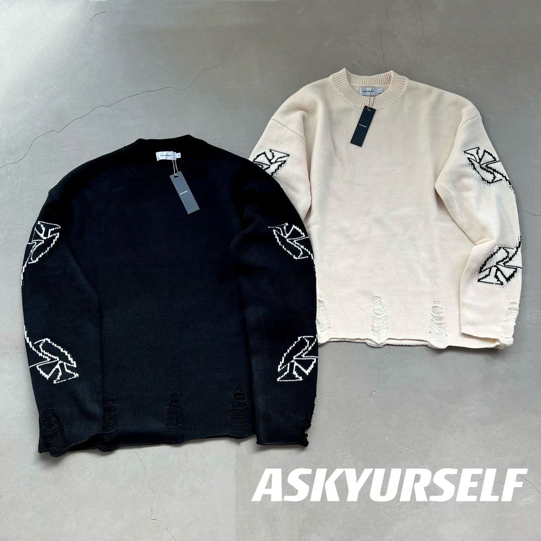 ASKYURSELF スクロール ヘビーインダストリー ハイストリート ハンドメイド デストラクション ニット ラウンドネック セーター カップル