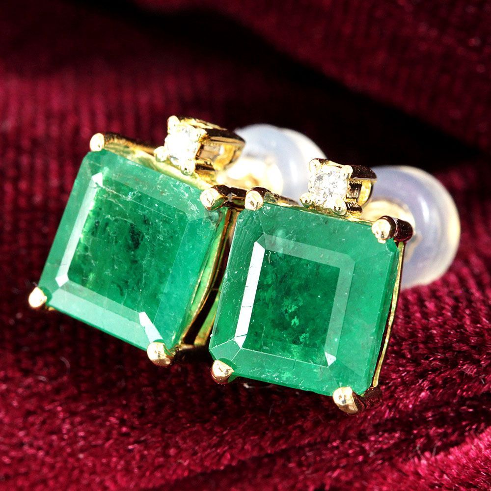高品質！計3.85ct エメラルド ダイヤモンド K18 YG ピアス 鑑別書付  