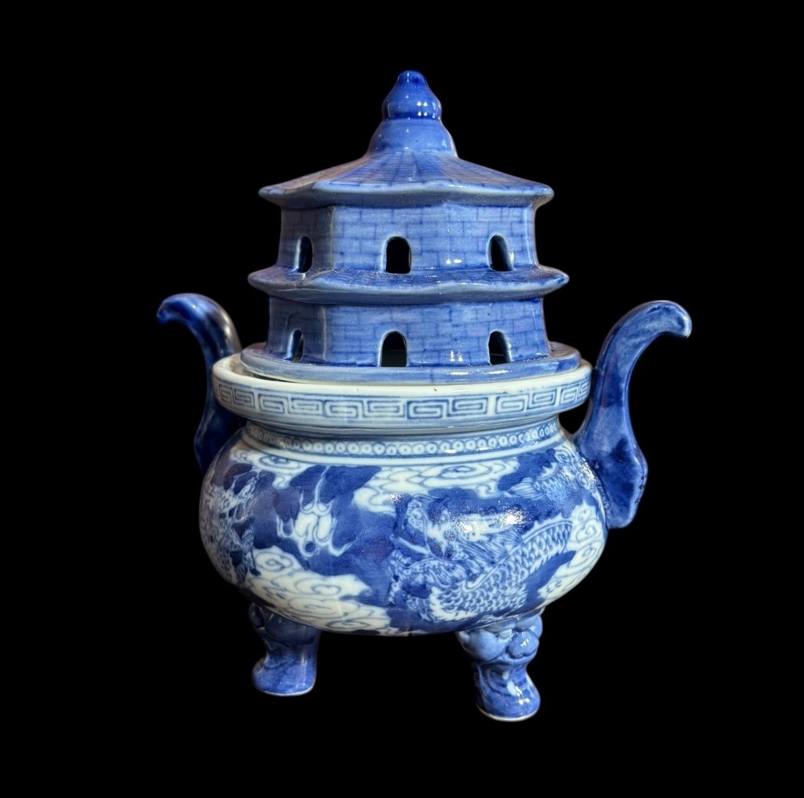 染付 龍 三足 香炉 香道具 美術品 インテリア 置物 陶器 中国 時代物