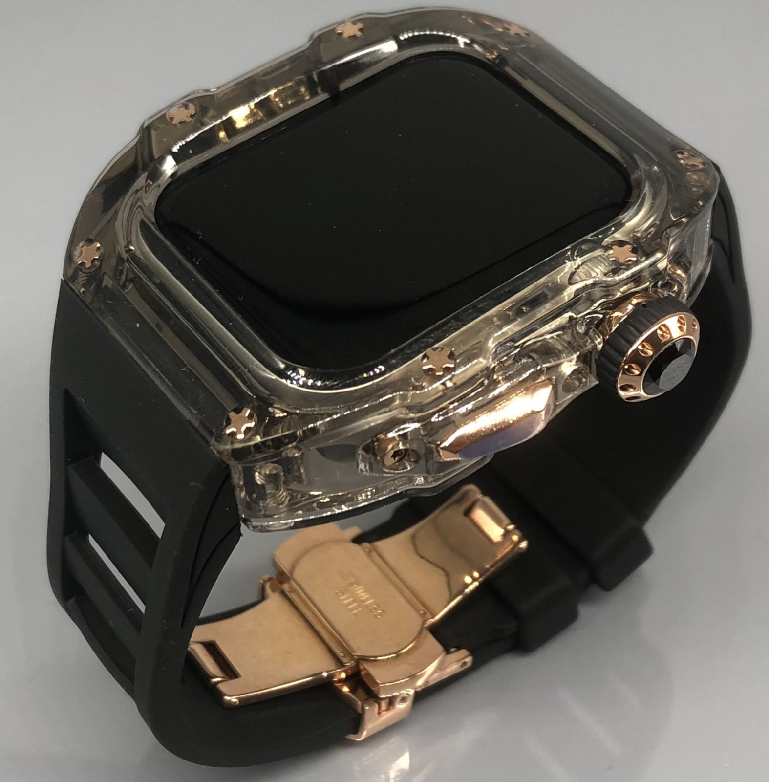ZC ブラックローズゴールド アップルウォッチバンド ラバーベルト カバー Apple Watch クリア ケース 44mm 45mm-