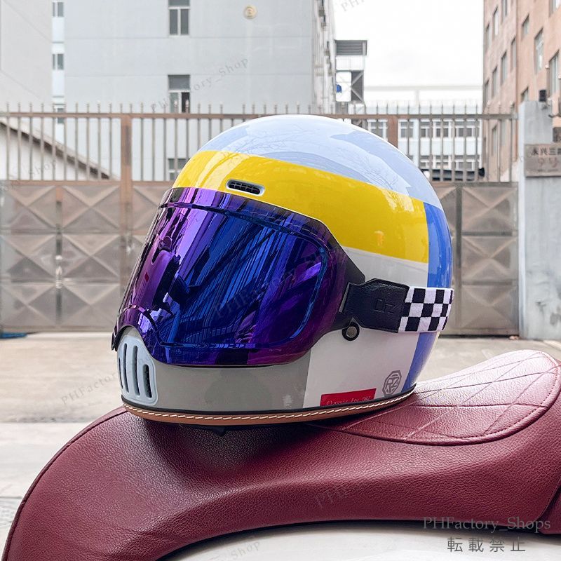 レトロヘルメット クラシック フルフェイスヘルメット ゴーグルが付き バイクヘルメット DOT認定 耐久性 安全性 通気性 男女兼用 ホワイト＆ブルー＆イエロー A178