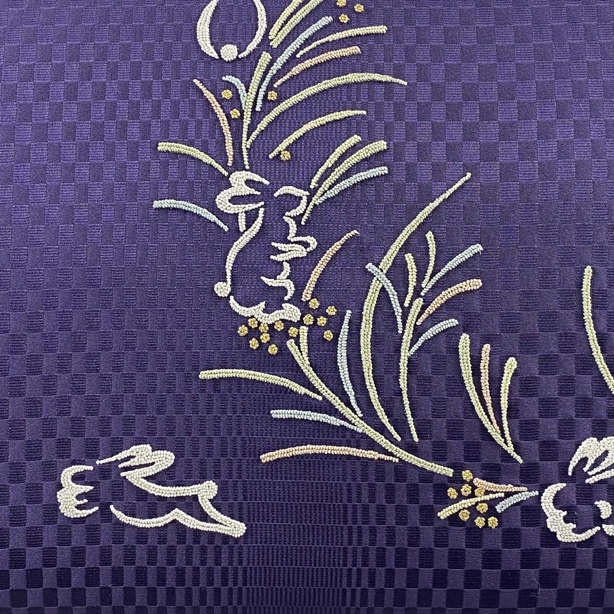 アンティーク刺繍名古屋帯 南天柄 紫 折鶴＊刺繍 鶴 梅 麻の葉 青海波 菱 アンティーク名古屋帯 B005