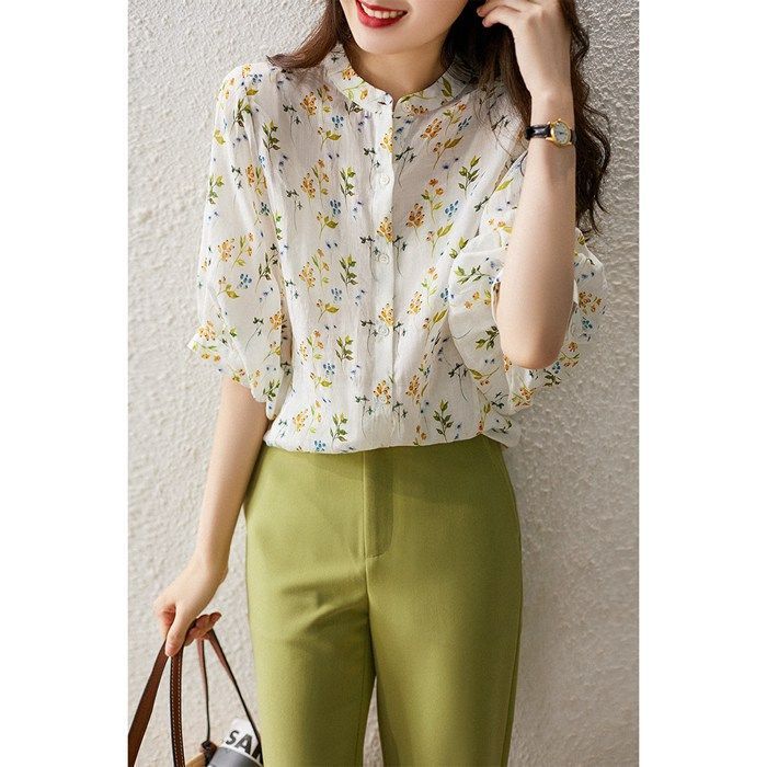 レディースシャツ ブラウス トップス 半袖 夏服カットソー 花付き パフスリーブ レディース オフィス ビジネス 通勤 洗える 春 OL 春 夏 カジュアル ブラウス レディース トップス シャツ 半袖 夏 オフィス 花柄