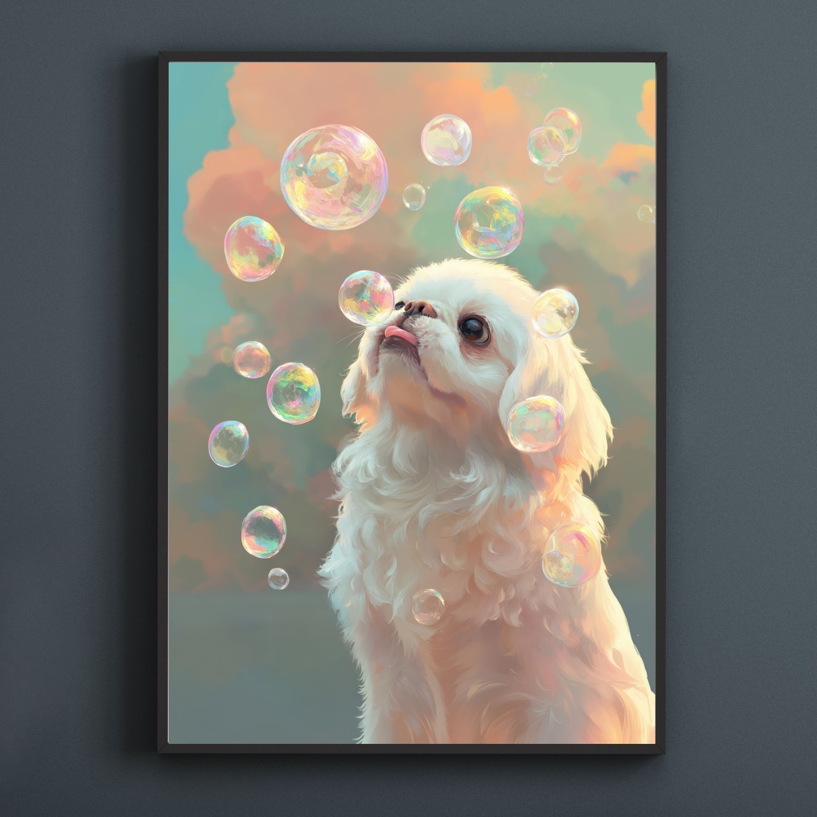 名入れOK 犬とシャボン玉 - ペキニーズ犬 No.1 アートポスター うちの子記念日 ペットロス 北欧 ナチュラル