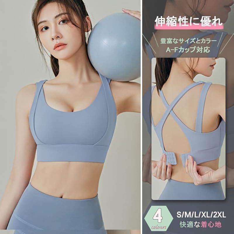 [FLYSHION] スポーツブラ 後ろホックタイプ トレーニングウェア スポーツブラ2枚セット ブルー+グレー(2枚組) size：XL