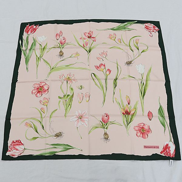 良品 ティファニー 総柄 フラワー ピンク×グリーン レディーススカーフ
