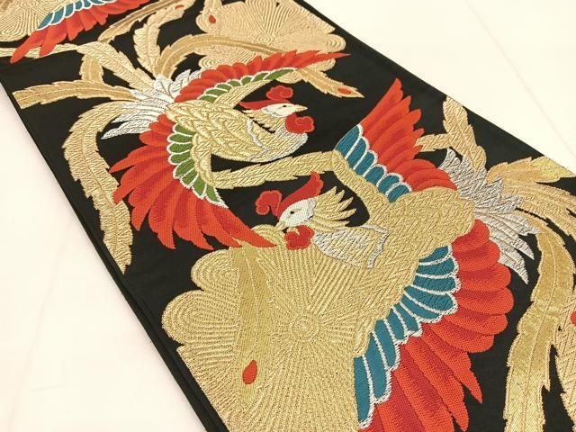 【梅】正絹　袋帯　振袖用　全通　帯　古典名作集　鳳凰　渋みの黒金　くすみカラー 京都西陣老舗「名門-となみ織物謹製-京の名宝」 鳳凰柄 豪華絢爛
