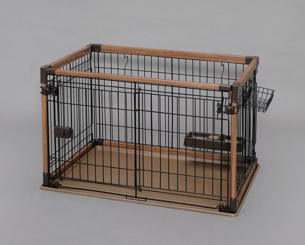 アイリスオーヤマ オープンウッディサークル ペット用 犬用 猫用 幅97.5×高63.5cm フルオープンタイプ 2重ロック ワイヤーバスケット付き 給餌給水器付き ダークブラン OPWS-960 IRIS OHYAMA