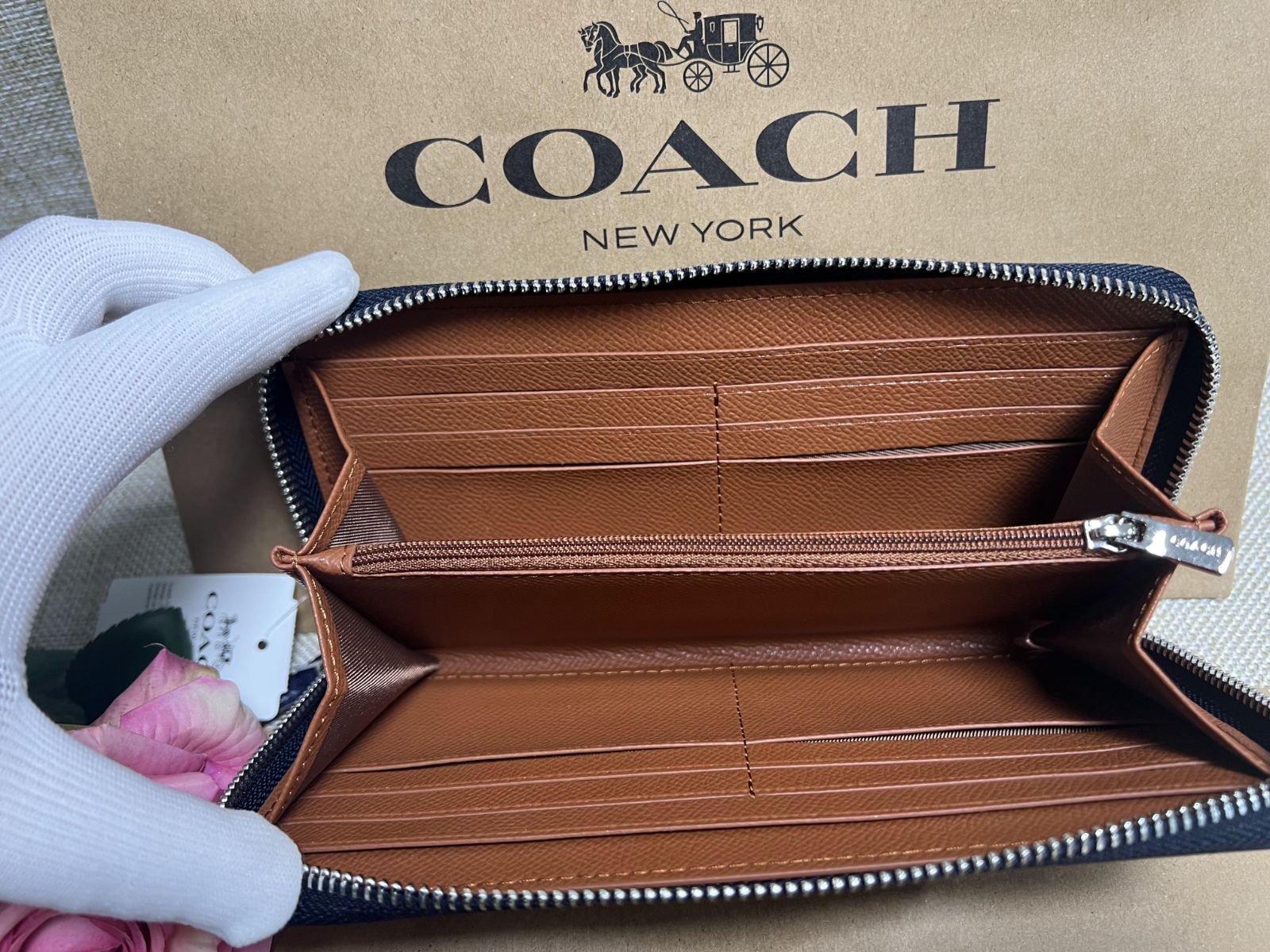 COACH コーチ 長財布 財布 シグネチャー 花柄 パンチングネイビー系