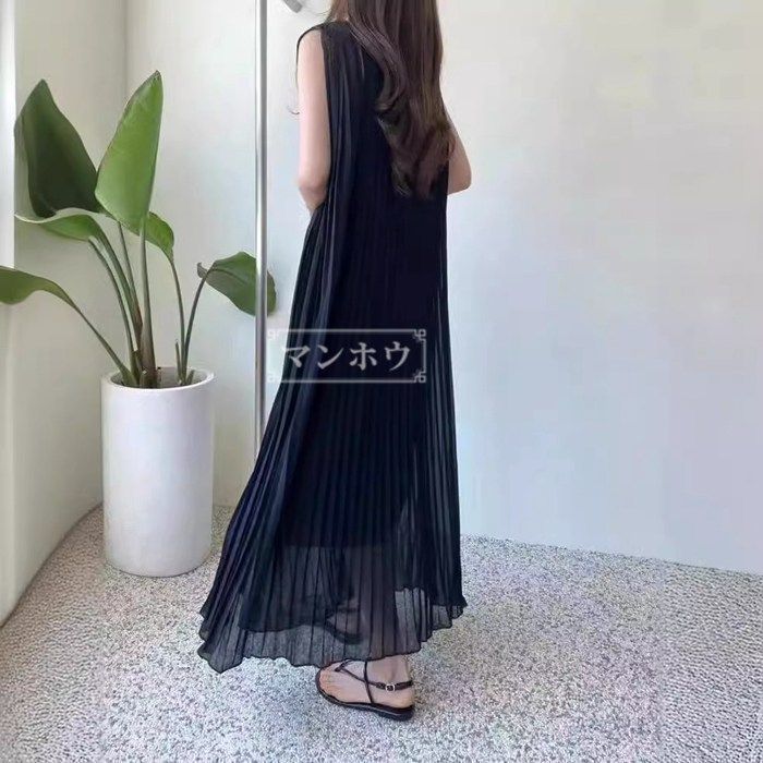 ワンピース ノースリーブ プリーツ ロングワンピース 夏