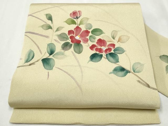 平和屋着物●九寸名古屋帯　枝椿　鬼しぼ縮緬　正絹　逸品　CAAX1553hy 平和屋着物○九寸名古屋帯 枝椿 鬼しぼ縮緬 正絹 逸品 CAAX1553hy