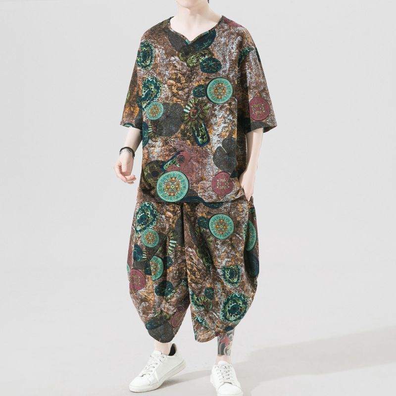 ジャージ メンズ 綿麻セットアップ 上下セット カジュアル 半袖シャツ サルエルパンツ 部屋着 涼しい夏 おしゃれ 通気M