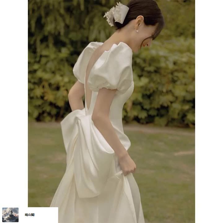 送料無料 2025 森ガール系サテンドレス 背中あき×軽やかシルエット 旅フォト＆屋外セレモニー対応-8.15LYC680夏の新生活